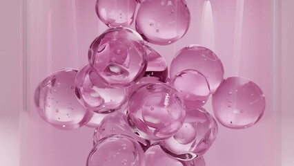 Pink Gel Bubbles white serum, cream, and lotion drop into skin cells for UV protection and ultraviolet shield reflection. repair skin care concept