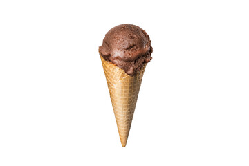 chocolate ice cream waffle cone with pieces of chocolate on transparent png or white background isolated food photo