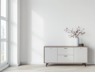 Elegant modern sideboard next to a window in an interior home decor composition.