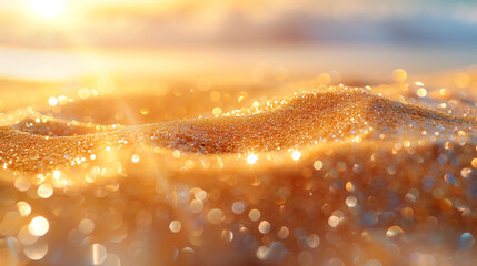 Sparkling sea and golden sand illusion. Captivating close-up of abstract ocean waves meeting sunlit shoreline.