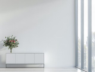 Elegant modern sideboard next to a window in an interior home decor composition.