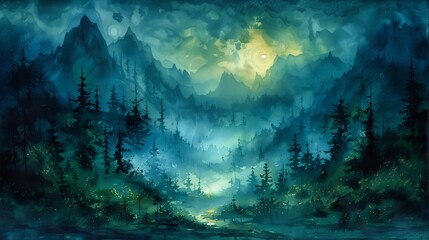 mountain river full moon magical forest liquid clouds cyan fog overgrown mountains madness coherent gentle green dawn light mystic