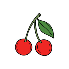 Hand drawn doodle cherry with leaf on white background.