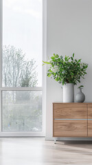 Elegant modern sideboard next to a window in an interior home decor composition.