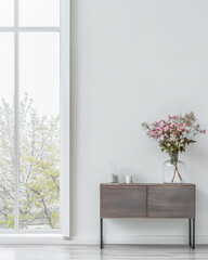 Elegant modern sideboard next to a window in an interior home decor composition.
