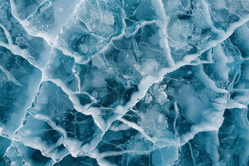 Obraz premium Aerial view of a frozen lake, capturing the intricate cracks and patterns formed in the ice. Emphasize the clean, sharp lines and the subtle variations in the ice texture. 