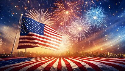4th of July background with fireworks and and a United States flag