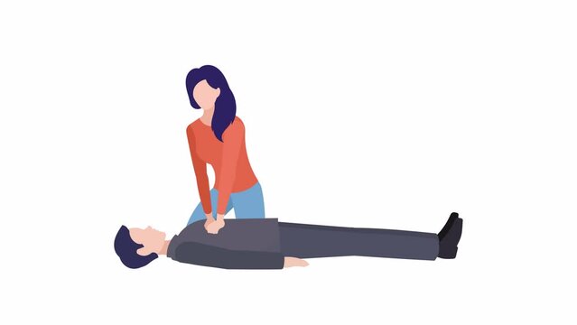 A woman cartoon character performing cardiopulmonary resuscitation (CPR) on a man lying down. CPR process during first aid training. Second part of the animation video includes Alpha Channel. Looped.