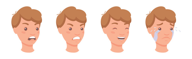 Man Head Showing Face Expression and Emotion Front Vector Set