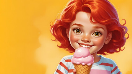 Fototapeta premium Illustration of a little red-haired girl smiling and holding pink soft serve ice cream in a cone. Happy preschool child on yellow background with copy space