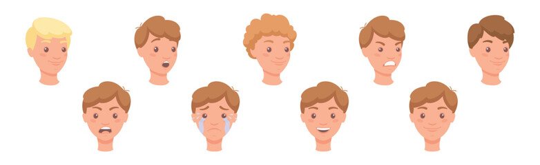 Man Head Showing Face Expression and Emotion Front Vector Set