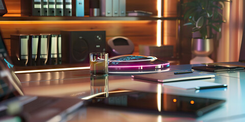 The Synthetic Sage: A holographic AI avatar giving a lecture on a sleek modern desk.