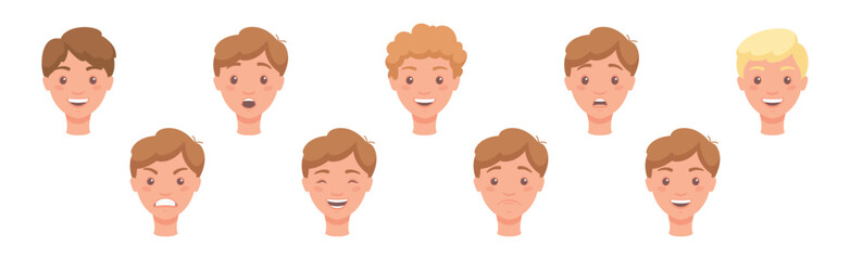Man Head Showing Face Expression and Emotion Front Vector Set