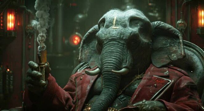 An imposing elephant mafia leader holding a lit cigar sitting in the shadowy corner of the starships meeting room plotting under the cosmic light