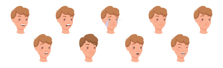 Man Head Showing Face Expression and Emotion Front Vector Set