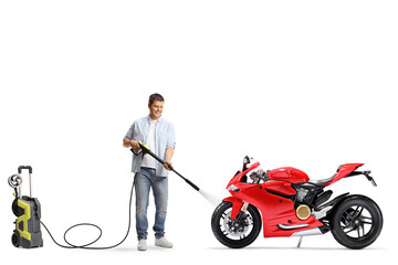 Man washing a racing motorbike with a high pressure washer machine