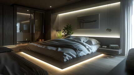 A modern bedroom with a streamlined design, including a low-profile bed, minimal decor, and soft lighting