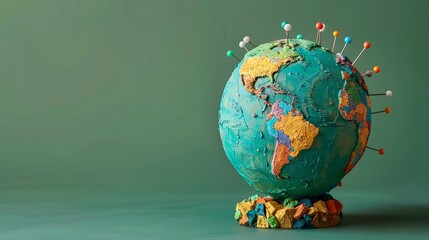 Clay globe with pins, frontal view, bright palette, isolated on sea green