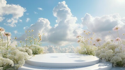 Podium mockup, blue sky and clouds background, product display podium 3d render