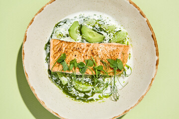 Seared Salmon Steak with Creamy Cucumber Sauce on Rustic Plate