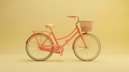 Clay bicycle with basket, direct front, leisure colors, against a pale yellow background