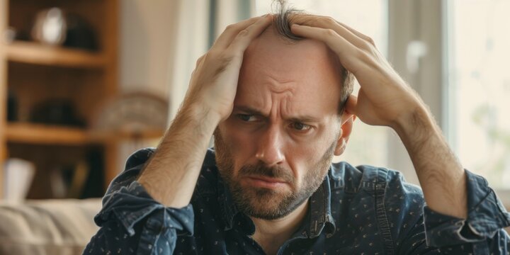 Man with hair loss, worried, pessimistic attitude towards life, high pressure in life and work, credit card overdraft, maxed out credit card, bankrupt middle-aged man, 4k high-definition wallpaper,