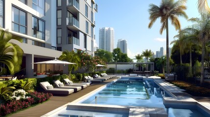 Fototapeta premium Stylish Senior-Friendly High-Rise with City Skyline Views and Spacious Balconies