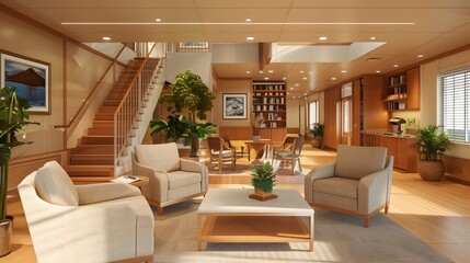 Warm Senior Living Space with Ergonomic Furniture and Safety Features