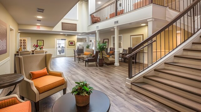 Warm Senior Living Space with Ergonomic Furniture and Safety Features