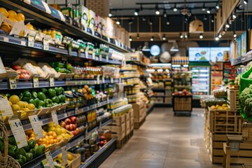 Modern Supermarket Aisle with Genetically Modified Foods, Informational Signs, and Fresh Produce Display