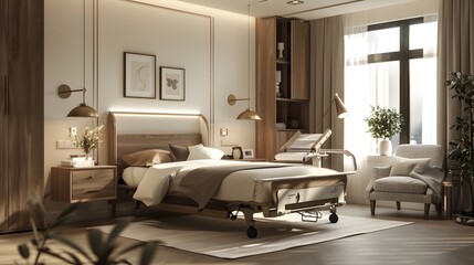 Elderly-Friendly Bedroom with Adjustable Bed and Handrails