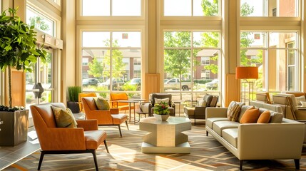 Bright and Safe Senior Living Room with Non-Slip Carpet and Handrails