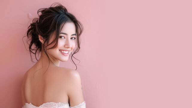 Japanese smiling woman in strapless dress, stylish beauty fashion model