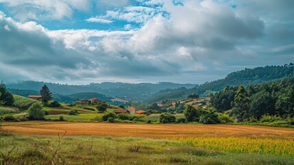 Obraz premium Rolling Hills and Golden Fields Under a Cloudy Sky