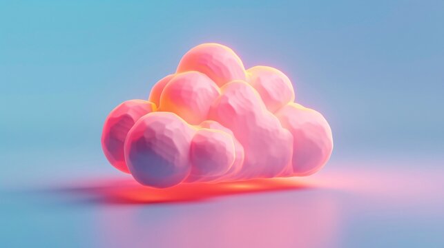 Vibrant pink cloud against a blue background, glowing with a surreal, dreamy light. Perfect for creative, abstract, and atmospheric visuals. 3D Illustration.