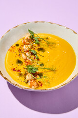 Delicious Pumpkin Cream Soup with Shrimp Garnish on Pastel Background