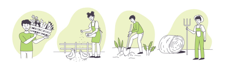 Farmer People Character Doing Agricultural Work Vector Set