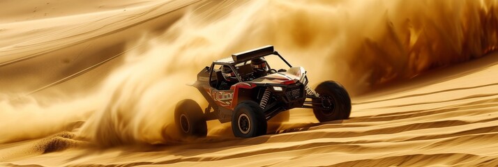 Rally buggy speeding through sand dunes in a desert landscape