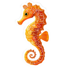 Obraz premium Brightly colored, intricately designed orange seahorse illustration with detailed patterns, against a transparent background.