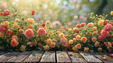 Spring rose flower field as a natural beauty podium backdrop