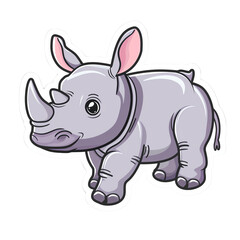 Fototapeta premium Cute cartoon rhino illustration with big eyes, pink ears, and a friendly expression, perfect for children's books and educational materials.