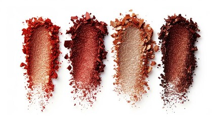 Several swatches of red and bronze shimmering eye shadow textures arranged neatly on a white...