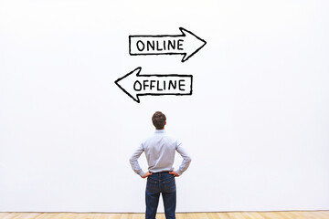 online vs offline business concept on white wall