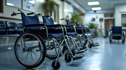 Hospital waiting area with several wheelchairs arranged neatly, ready for patient services