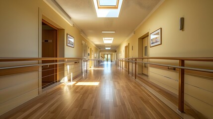Spacious Corridor in Elderly Home with Warm Wooden Floors and Natural Sunlight