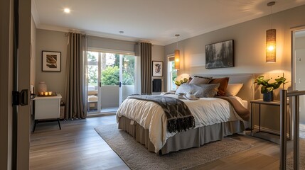 Elderly Home Bedroom with Adjustable Bed and Handrails in Warm, Neutral Tones