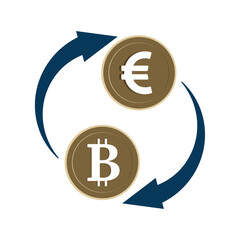 euro coins and bit coins with arrows. money exchange or transaction. flat style design. Suitable for use for reports, presentations, finance. vector design template