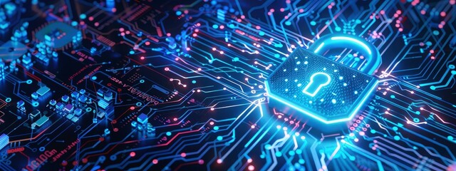 cyber security concept closeup motherboard with digital padlock. Secure connection theme or background for safety lock online security. cybersecurity web banner design.