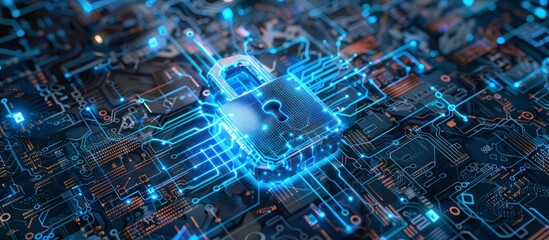 cyber security concept closeup motherboard with digital padlock. Secure connection theme or background for safety lock online security. cybersecurity web banner design.