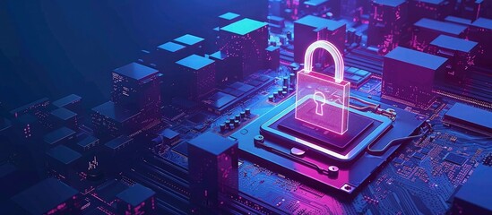 cyber security concept closeup motherboard with digital padlock. Secure connection theme or background for safety lock online security. cybersecurity web banner design.